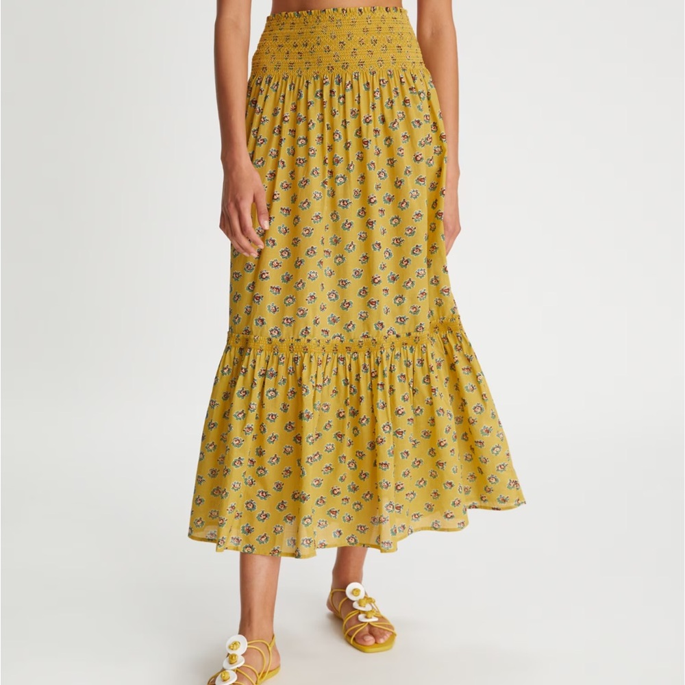 Tory Burch 100% Cotton Smocked Cotton-Voile Skirt Dress Yellow Garden Rose XL
